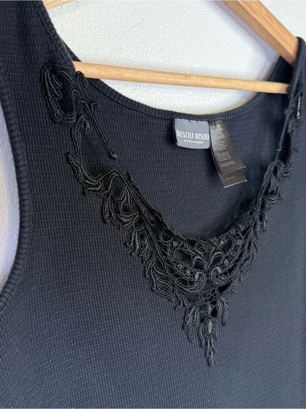 Bisou Bisou Women's Vintage Y2K Black Ribbed Knit Fitted Boho Tank Top Size XL - Picture 9 of 16
